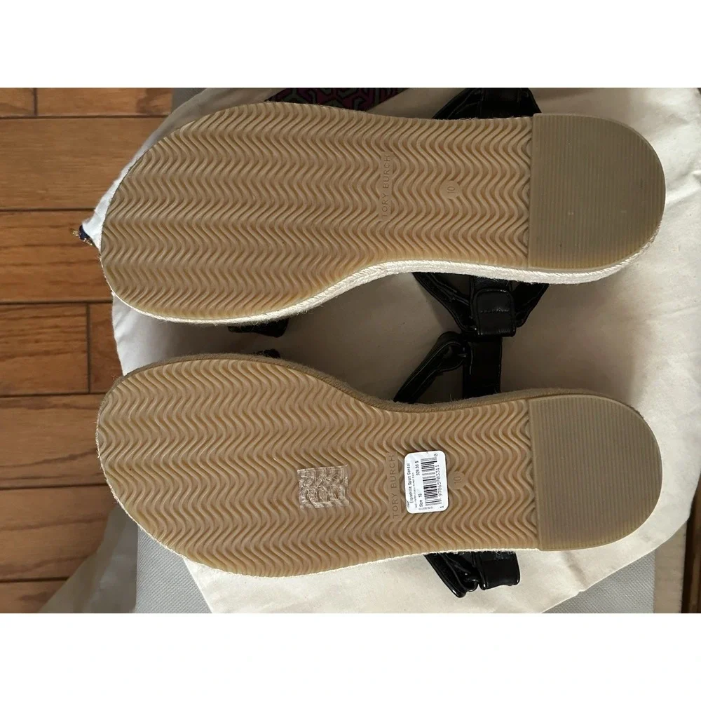 Tory Burch Espadrille Sandals,Black Leather, braided Platform Sole, Size 10